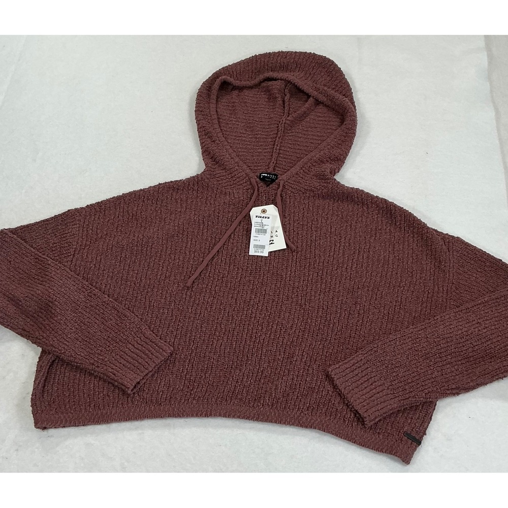 Billabong Womens Mahogany Brown Textured Knit Cropped Hooded Sweater Small NWT